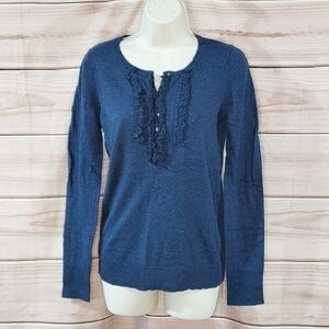 GAP henley sweater ruffle cashmere blend long sleeve blue heather S